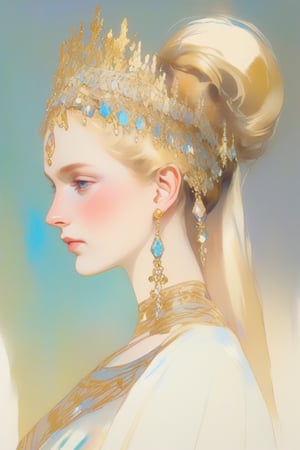 sketch ,gouache, (1girl) princess of Ancient Russia, luxury dressing with accessories of gold and gems, medium breast, half body shot, looking back, Shoal, Iridescent gradient background, blonde hair, bun with headdress, Paul Chabas, (masterpiece,best quality,niji style)
