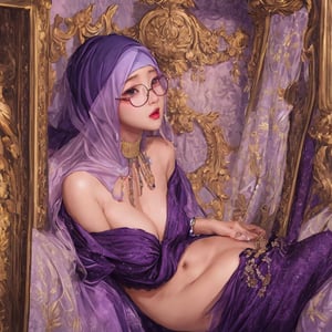Masterpiece one piece young beautiful woman boa Hancock 8k portrait,sole_female,face, big glasses,hijab,crying,bare_breasts,purple lipstick,looking_at_viewer,brothel,face only,crying_with_eyes_open.