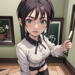 highres,(best quality),incredibly detailed,kitchen,1girl,anime,looking at viewer,(highly detailed face),long black hair,standing holding a glass of water ,white wet  see-through shirt,no pants,medium breasts,perky breasts,covered nipples, standing in kitchen,WHAT YOU LOVE.
REGISTER
Appearance
Fubuki is a young woman with a curvy figure, chin-length, dark green hair with a fringe styled into a bob, and her eyes are light green. Her main attire consists of a long white fur coat, a dark green form-fitting V-neck dress with a high collar, thigh-high black boots and several white pearl necklaces (two in anime). Occasionally, she does wear other outfits.

Additionally, she sometimes wears dark tights and black pumps instead of her usual thigh-high boots,Marie Mamiya
