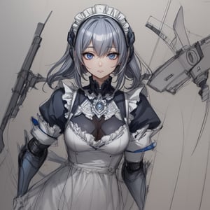 (((picture perfect))), (absurdres), 1girl, solo, , narberal gamma, maid, armor, gloves, maid headdress, looking at viewer, expressionless,,(((no human))),(best quality:1.2),(masterpiece, intricate details),master designer,pencil speed drawing works,((user manual, sketch:1.5)),Parts Description,(detailed explanation and description, text, production drawing),documentation,Design Process,high-tech,super factory design product,monochrome,(female robot design sketch),