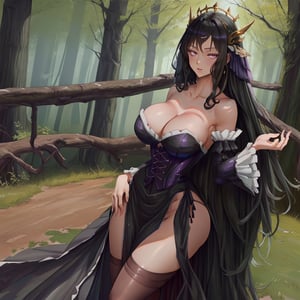 masterpiece, best quality, highres, titania1, 1girl, purple eyes, solo, cleavage, very long hair, large breasts, black hair, bare shoulders, detached sleeves, strapless dress, black dress, long dress, corset, , cowboy shot, forest, , titania
