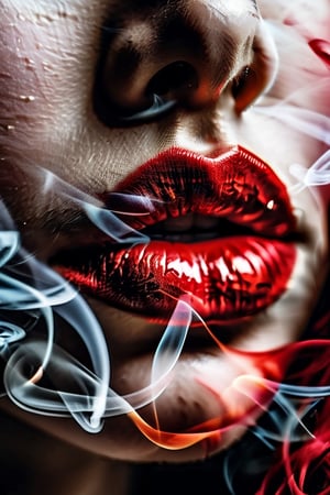 Close up of a clound of White vapour smoke being blown out of   red feminine lips, only side view lips ans white smoke visible