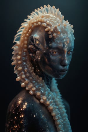 Mystical ethereal siren mermaid swimming deep in the ocean abyss surrounded by elements of gold silver and (iridescent) colors. Beneath her are small diamonds and pearls captivating masterpiece whimsical depth, photography, underwater, hyper realistic, ultra detailed,Weird_Aquatic_Style