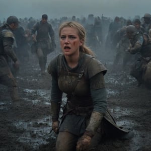 a beautiful medieval worrior woman: in sword combat stance, in dynamic stance running, fighting holding one greatsword, wounded scrathes on face, ((angry face)), muddy hands, crying:3, tears:4, wearing heavy war armor with blood strains and scratches, war grounds, medieval battle, thousands of soldiers, two army in battling background (blue banner, yellow banner), dead soldiers lying on ground, dead bodies on ground, mud, blood on ground, damaged (detailed and diffirent) armors and blades, lot of ashes in the air and fire, mountain, night and dark, ultra wide lanscape shot, side shot, ultra detailed, realistic grayish colors,  
, cinematic moviemaker style,elina,Decora_SWstyle,anger,angry,screaming
