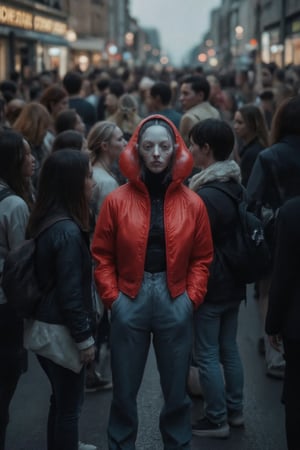 A busy street filled with people, some of whom are carrying backpacks and handbags. The crowd is standing close to each other, creating a bustling atmosphere. In the midst of this crowd, there is a woman wearing a red jacket and blue pants who stands out from the rest. She is posing for the camera while surrounded by the busy street scene.,Weird_Aquatic_Style,weird_crowd_style,Weird_Alien_Fashion