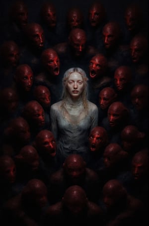 In a dark, oppressive, surreal art setting, a 20-year-old girl in a white vintage dress finds herself surrounded by a crowd of demonic creatures with red spotted skin and red eyes. Despite the obvious threat, she smiles eerily, showing an expression of excessive joy,
as if he enjoyed the company of these terrifying entities. Gothic digital art.
The creatures, with open mouths showing sharp fangs, seem to scream in a chorus of chaos and horror, but the calm and happiness of the young woman in the middle of this sinister scene creates a surreal and disturbing atmosphere. The scene is a disturbing contrast between the apparent innocence and the darkness that surrounds it,
evoking a sense of wonder and fascination.,Weird_Aquatic_Style,weird_crowd_style,DarkAtmosCE style