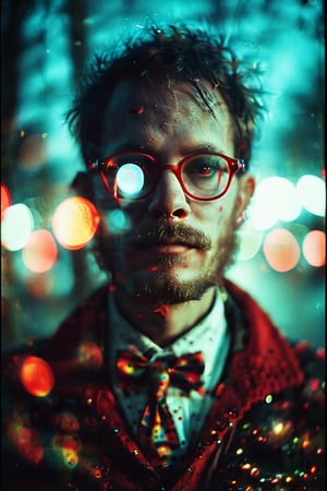 portrait of creepy clown man, wearing glasses, film, bokeh, professional, blur, lomo,
