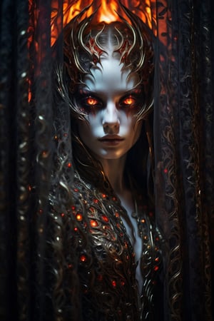 RAW photo, demon girl, beautiful glowing eyes, macro shot, masterpiece, peeking from behind curtains, colorful details, award winning, high detailed, 8k, natural lighting, analog film, detailed skin, amazing composition, intricate details, subsurface scattering, velus hairs, amazing textures, filmic, chiaroscuro, soft light
,monster,futuristic alien