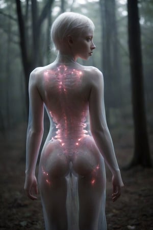 (style of James Jean and Hajime Sorayama),from behind,full body shot of an albino woman with transparent skin,glowing pink neon skeleton visible through the translucent dress in dark woods at night,soft misty light,Infrared Photos,film grain,
Cel Shading,Super-Resolution,Intricate Details,Insane Details,Hyper-detailed,
,
,zavy-rmlght,tranzp
