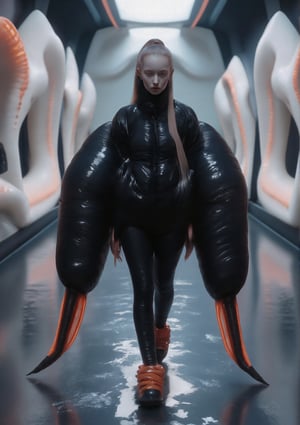 Style: High-fashion, surreal, and bold
Scene: A striking Balenciaga model confidently walks down a surreal way, wearing the avant-garde, futuristic shoes from the earlier prompt—an eccentric mix of inflatable elements, vibrant coils, and glossy reflective surfaces. She’s carrying an oversized, iconic designer bag, just like the one in the image, slung effortlessly over her shoulder. The exaggerated size of the bag contrasts with the model's sleek, minimalistic outfit, creating a visually captivating statement piece.
Model: A tall, statuesque figure with a sharp, commanding presence. Her hair is pulled back into a sleek ponytail, and she wears bold, minimalistic makeup that highlights her strong features. Her expression is focused and intense, exuding confidence and control.
Mood: Surreal, bold, and futuristic—a blend of high fashion with playful, exaggerated elements.
Background: The runway is set in a surreal, dreamlike environment. The floor is a vast expanse of reflective, liquid-like metal that ripples as the model walks. The walls are composed of floating geometric shapes and oversized, abstract sculptures that change colors and shapes in response to the model’s movements, creating a constantly shifting, otherworldly atmosphere.,Weird_Alien_Fashion,Weird_Aquatic_Style