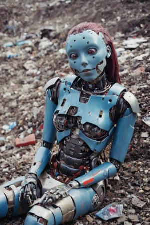 Photo of a broken ruined cyborg girl in a landfill, robot, body is broken with scares and holes,half the face is android,laying on the ground, creating a hyperpunk scene with desaturated dark red and blue details, colorful polaroid with vibrant colors, (vacations, high resolution:1.3), (small, selective focus, european film:1.2), art by Otomo Katsuhiro
,cyborg style
