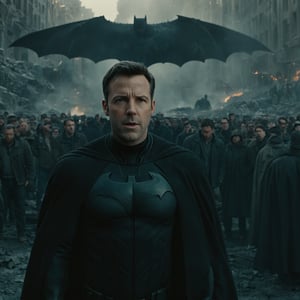 Medium Long Shot, looking_at_ viewer, Ben Affleck as bruce wayne wearing a black coat, bulky, bat cave in the background, crowd people civilian (8k, RAW photo, best quality, depth of field, (absurdres, intricate, photorealistic, masterpiece,),Movie Still,detailmaster2,Explosion Artstyle