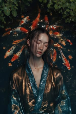 A young man with alabaster skin and raven hair, adorned in an ornate aquamarine kimono, lies serenely amidst a school of vibrantly hued koi, their scales catching the dappled sunlight filtering through the water's surface. The scene, captured in meticulous hyperrealism, employs a rich, jewel-toned palette, evoking the tranquility of a hidden oasis. The composition, a medium shot from a slightly lowered angle, emphasizes the symbiotic harmony between man and nature, the man's languid pose mirroring the koi's graceful movements. His delicate features, framed by damp locks, convey an ethereal peace, his eyes closed as if in a blissful reverie. The water, rendered with photorealistic clarity, reflects the verdant foliage that frames the scene, creating a sense of depth and immersion. Scattered water lilies, their petals unfurling in delicate splendor, add a touch of ephemeral beauty. To further enhance the composition, introduce subtle ripples radiating from the man's form, hinting at a gentle current and emphasizing the living, breathing quality of this aquatic tableau.,Weird_Aquatic_Style