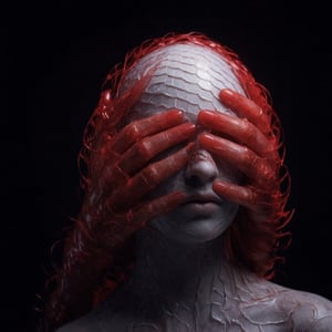 The image depicts a side profile of a person's face, with their eyes covered by red hands and fingers. The individual has transparent scales skin and is wearing red nail polish on their fingernails. glowing head. The background is dark.,cip4rf,creepy_hand_pose,nighmare,pose,weird_futuristic_fashion,Enhanced all