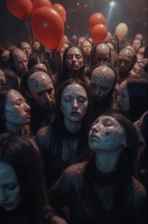 "Image of a crowd of emo guys, each with lip piercings and black emo hair, wearing ripped fishnet shirts and skinny jeans, in the midst of a wild rave party. The guys are packed into a mosh pit, dancing like crazy and slamming into each other with abandon. The air is thick with confetti and balloons, and the lights are flashing wildly to the beat of the music. The guys' faces are contorted in ecstasy, their eyes closed in rapture as they let loose and lose themselves in the music. Style: high-energy, chaotic, and playful, with a focus on capturing the frenetic energy and joy of the rave party." Absurdres Highest-Quality, 4k,Weird_Aquatic_Style,weird_crowd_style,Weird_Alien_Fashion