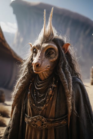 cinematic close up shot, powerful pose, intimidating look, a fantastical creature that blends the best of human, animal, and mythical traits, wearing a worn out robe, worn out old mage outfit, worn out scarfs flying in the air around the neck,
,alien,GHTEN,Glass Elements,zavy-rmlght,creature,fuzzy,Furry