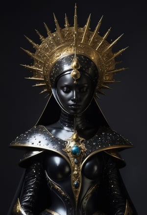 Space empress Zogrina from Pluto reviews her troops, avant-garde armor, cosmic hat, Dark art in the style of Caravaggio
,alien,ral-bling,futuristic alien
