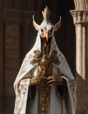 Ultra-realistic 8k CG, masterpiece, best quality, (((ermine wear inquisitor robe))), bite off head of a chicken, medieval Cathedral, dead eyes, still life, high detailed, beautiful intricately and detailed, DOF,      
,GHTEN,science fiction,futuristic alien