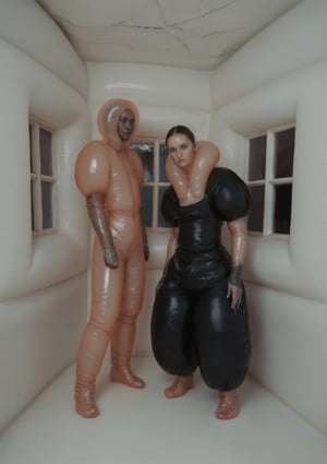 Scene: Two striking models pose in a minimalist, surreal setting where everything around them is inflatable. They wear sexy, fashion-forward straitjackets that cling to their forms, emphasizing their silhouettes while exuding a provocative, edgy vibe. Each model also wears oversized, inflatable shoes that are comically large, adding a whimsical yet surreal twist to their powerful look. The setting is a deflated, crumbling inflatable urban scene, with soft, glossy walls, windows, and even the ground beneath them made entirely of inflatable materials. The textures and shapes mimic a gritty, urban environment but with a surreal, bouncy quality.
Models: The models strike dynamic, confident poses—one standing tall, her inflated shoes grounding her stance, and the other crouching low, balancing the surreal proportions of her footwear. Their straitjackets, designed with high-fashion precision, contrast sharply with the playful, exaggerated inflatable shoes and the soft, pliable world around them.
Mood: Surreal, edgy, and slightly dystopian—a fusion of high fashion with a kinky, inflatable twist, creating a world that feels both strange and compelling.
Background: The inflatable setting is minimalist but textured, with inflatable walls that appear worn and cracked, inflatable windows with soft, sagging frames, and an inflatable ground that ripples underfoot. The entire scene is bathed in a muted, monochrome light, enhancing the surreal atmosphere.,Weird_Alien_Fashion,Weird_Aquatic_Style