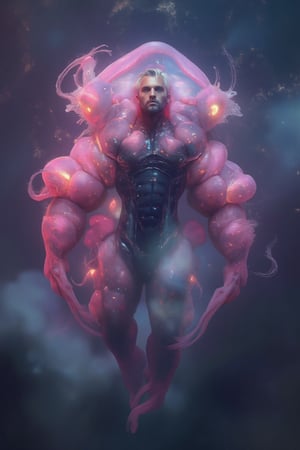 absurdres, dramatic portrait of a mysterious man floating in space, harnessing his magic, (beautiful colorful swirling flowing pink purpple stars and nebulae:1.1), elegant pose, burly and intimidating, very masculine, (stubble:1.1), square jawline, dramatic scene, emotional expression, short hair, detailed eyes, rule of thirds, subsurface scattering, detailed background, full of color, volumetric lighting,Weird_Alien_Fashion,Weird_Aquatic_Style