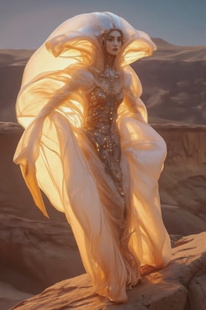 "Desert Cliff Overlook: Stand on the edge of a cliff, overlooking the expansive desert scenery", Photo by Hegre, (((full body shot from the ground))), shimmering fabric,sparkling details,mind-blowing background,girl's confident expression,long flowing hair,dynamic pose,surrounded by magical lights,sharp focus,vivid colors,dreamlike atmosphere,golden hues,bokeh. (best quality,4k,8k,highres,masterpiece:1.2),ultra-detailed,(realistic,photorealistic,photo-realistic:1.37),HDR,UHD,studio lighting,sharp focus,physically-based rendering,extreme detail description,professional,vivid colors,bokeh,portraits,landscape,concept artists,stylish vibrant colors,beautiful detailed eyes,beautiful detailed lips,extremely detailed eyes and face,longeyelashes,exquisite costumes,adventurous pose,vibrant colors, masterpiece, sharp focus, best quality, depth of field, cinematic lighting,Weird_Alien_Fashion,Weird_Aquatic_Style