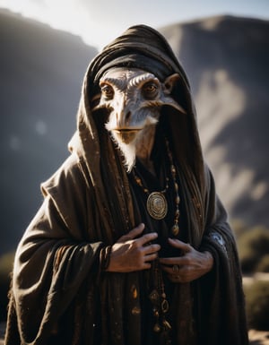 cinematic close up shot, powerful pose, intimidating look, a fantastical creature that blends the best of human, animal, and mythical traits, wearing a worn out robe, worn out old mage outfit, worn out scarfs flying in the air around the neck,
