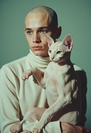 a guy, a albino guy with a bald, white eyes, looking forward, holding a sphynx cat close to he face, creating a captivating and unusual visual pairing. The guy’s intense, light-colored gaze of the cat, emphasizing a deep connection between the two. he is weared in a soft, thick knitting turtle neck shirt . The background is a muted pastel green, which contrasts with the cool tones of the cat’s skin and the guy’s outfit, making the subjects stand out. The overall mood of the image is both mysterious and elegant, with a futuristic edge, highlighting the unique handsome of both the guy and he feline companion. The composition and the way the guy gently cradles the cat suggest a sense of calm and intimacy, while the unusual pairing adds a surreal and otherworldly quality to the image.,cip4rf,Hollywood Cinematic Film style,epic photography,dramatic light,Kodak film style,n30nfilm