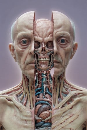 split head and body, alien inside the body of a old man , High detailed RAW color Photo, 8k, natural light ,split,vntblk