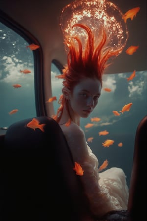 an image of a woman with red hair wearing a white dress, sitting and leaning against the seat in the passenger seat of a car that is submerged underwater, her hair is floating, no make up, natural face. Numerous orange fish are swimming around her and the car, creating a surreal and serene underwater environment. Sunlight is coming from the above, making her hair glow,  ethereal lights. Midshot, looking away from the viewer/camera.,Weird_Aquatic_Style,euisiue,female,beauty,natural makeup