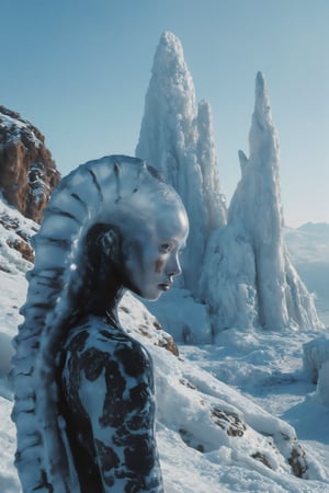 An extraordinary alien world where everything is made of ice.people, machines, and buildings all sculpted from crystal-clear, glistening ice. The scene features a futuristic city with intricate ice-based architecture and advanced extraterrestrial technology, all shimmering with frozen beauty. The atmosphere feels both otherworldly and futuristic, with translucent towers and sleek ice-formed vehicles. In the foreground, a highly detailed, realistic alien womanâs upper body is visible, her form entirely made of ice. The image is hyper-realistic, as sharp and detailed as a photograph, with extreme clarity and lifelike textures, emphasizing the ethereal, frozen quality of this icy world.