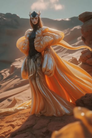 "Desert Cliff Overlook: Stand on the edge of a cliff, overlooking the expansive desert scenery", Photo by Hegre, (((full body shot from the ground))), shimmering fabric,sparkling details,mind-blowing background,girl's confident expression,long flowing hair,dynamic pose,surrounded by magical lights,sharp focus,vivid colors,dreamlike atmosphere,golden hues,bokeh. (best quality,4k,8k,highres,masterpiece:1.2),ultra-detailed,(realistic,photorealistic,photo-realistic:1.37),HDR,UHD,studio lighting,sharp focus,physically-based rendering,extreme detail description,professional,vivid colors,bokeh,portraits,landscape,concept artists,stylish vibrant colors,beautiful detailed eyes,beautiful detailed lips,extremely detailed eyes and face,longeyelashes,exquisite costumes,adventurous pose,vibrant colors, masterpiece, sharp focus, best quality, depth of field, cinematic lighting,Weird_Alien_Fashion,Weird_Aquatic_Style