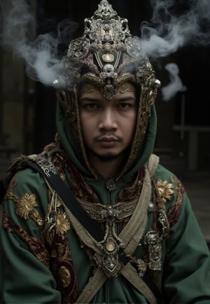 close up, highly detailed armor with batik robed god. King in green., old batik green tattered robe, smoke rises from gaps in robe and from behind the person, background is dark, looking at viewer, shiny, intricate design details, with vibrant colors, bold colors, contrasting shadows, natural lighting, flowing, gold on robe,  
The art style is fantasy, with cinematic lighting and warm tones. It is a portrait with a mysterious mood, depicting an scary beauty in a fantasy world, hkmagic, masterpiece, best quality, highly detailed, sharp focus, dynamic lighting,DarkAtmosCE style,Fantasy detailers,indonesia fantasy attire