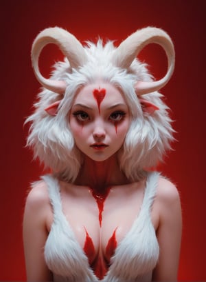 goat or lamb face with womans body, horn,red background, white hair,(close-up:1.1), girl ( standing:1.2), cleavage, (looking at viewer:1.3), (slim body type:1.2), BREAK  dark theme, pastel lights, , dark art, blood, violent , hurt, mood, bleeding
,Furry,Movie Still