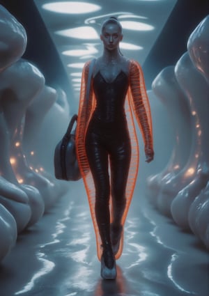 Style: High-fashion, surreal, and bold
Scene: A striking Balenciaga model confidently walks down a surreal way, wearing the avant-garde, futuristic shoes from the earlier prompt—an eccentric mix of inflatable elements, vibrant coils, and glossy reflective surfaces. She’s carrying an oversized, iconic designer bag, just like the one in the image, slung effortlessly over her shoulder. The exaggerated size of the bag contrasts with the model's sleek, minimalistic outfit, creating a visually captivating statement piece.
Model: A tall, statuesque figure with a sharp, commanding presence. Her hair is pulled back into a sleek ponytail, and she wears bold, minimalistic makeup that highlights her strong features. Her expression is focused and intense, exuding confidence and control.
Mood: Surreal, bold, and futuristic—a blend of high fashion with playful, exaggerated elements.
Background: The runway is set in a surreal, dreamlike environment. The floor is a vast expanse of reflective, liquid-like metal that ripples as the model walks. The walls are composed of floating geometric shapes and oversized, abstract sculptures that change colors and shapes in response to the model’s movements, creating a constantly shifting, otherworldly atmosphere.,Weird_Alien_Fashion,Weird_Aquatic_Style