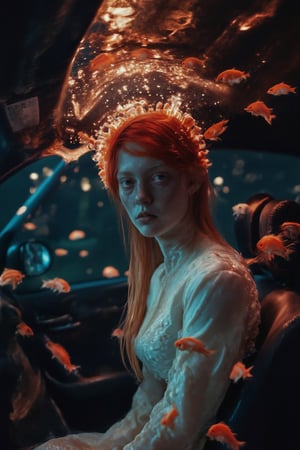 an image of a woman with red hair wearing a white dress, sitting and leaning against the seat in the passenger seat of a car that is submerged underwater, her hair is floating, no make up, natural face. Numerous orange fish are swimming around her and the car, creating a surreal and serene underwater environment. Sunlight is coming from the above, making her hair glow,  ethereal lights. Midshot, looking away from the viewer/camera.,Weird_Aquatic_Style,euisiue,female,beauty,natural makeup