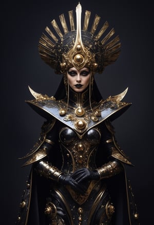 Space empress Zogrina from Pluto reviews her troops, avant-garde armor, cosmic hat, Dark art in the style of Caravaggio
,alien,ral-bling,futuristic alien