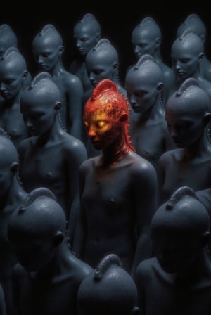 The image is a full color photo of many fish men arranged in rows, with one statue standing out from the rest by having a red yellow transparent horn,scaly, and glowing eye. This unique feature draws attention to the individual among the group of otherwise similar person.,weird_crowd_style,Weird_Aquatic_Style,weird_futuristic_fashion