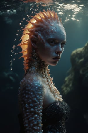 Mystical ethereal siren mermaid swimming deep in the ocean abyss surrounded by elements of gold silver and (iridescent) colors. Beneath her are small diamonds and pearls captivating masterpiece whimsical depth, photography, underwater, hyper realistic, ultra detailed,Weird_Aquatic_Style