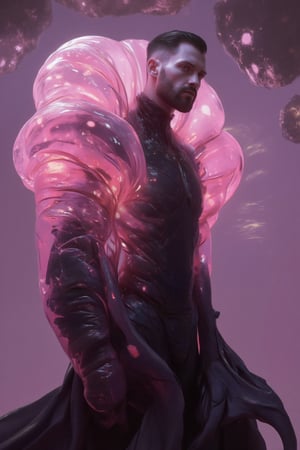 absurdres, dramatic portrait of a mysterious man floating in space, harnessing his magic, (beautiful colorful swirling flowing pink purpple stars and nebulae:1.1), elegant pose, burly and intimidating, very masculine, (stubble:1.1), square jawline, dramatic scene, emotional expression, short hair, detailed eyes, rule of thirds, subsurface scattering, detailed background, full of color, volumetric lighting,Weird_Alien_Fashion,Weird_Aquatic_Style