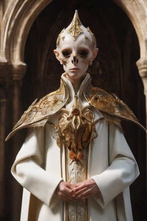 Ultra-realistic 8k CG, masterpiece, best quality, (((ermine wear inquisitor robe))), bite off head of a chicken, medieval Cathedral, dead eyes, still life, high detailed, beautiful intricately and detailed, DOF,      
,GHTEN,science fiction,futuristic alien