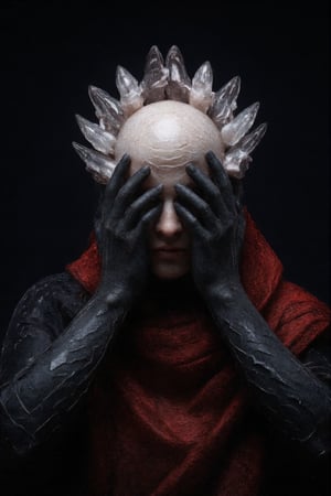 a male warrior wearing armor made of black human hand fragments, red robe, wearing a crystal skull crown,creepy_hand_pose,nighmare,pose,cip4rf,Hand,weird_futuristic_fashion,Fantasy detailers ,creepy_hand_pose,nighmare,pose,weird_futuristic_fashion