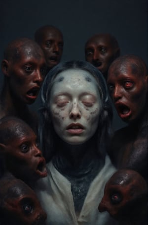 In a dark, oppressive, surreal art setting, a 80-year-old korean girl in a white vintage dress finds herself surrounded by a crowd of demonic creatures with red spotted skin and red eyes. Despite the obvious threat, she smiles eerily, showing an expression of excessive joy,
as if he enjoyed the company of these terrifying entities. Gothic digital art.
The creatures, with open mouths showing sharp fangs, seem to scream in a chorus of chaos and horror, but the calm and happiness of the young woman in the middle of this sinister scene creates a surreal and disturbing atmosphere. The scene is a disturbing contrast between the apparent innocence and the darkness that surrounds it,
evoking a sense of wonder and fascination.,Weird_Aquatic_Style,weird_crowd_style,DarkAtmosCE style