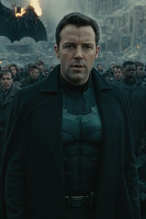 Medium Long Shot, looking_at_ viewer, Ben Affleck as bruce wayne wearing a black coat, bulky, bat cave in the background, crowd people civilian (8k, RAW photo, best quality, depth of field, (absurdres, intricate, photorealistic, masterpiece,),Movie Still,detailmaster2,Explosion Artstyle