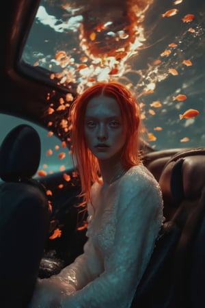 an image of a woman with red hair wearing a white dress, sitting and leaning against the seat in the passenger seat of a car that is submerged underwater, her hair is floating, no make up, natural face. Numerous orange fish are swimming around her and the car, creating a surreal and serene underwater environment. Sunlight is coming from the above, making her hair glow,  ethereal lights. Midshot, looking away from the viewer/camera.,Weird_Aquatic_Style,euisiue,female,beauty,natural makeup