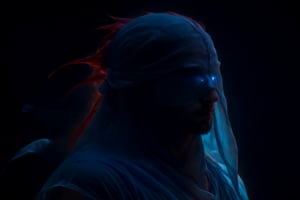 full body profile, a man wrapped his whole body with flowing soft cloth, His eyes covered by a translucent cloth, blindfolded, eyes glowing blue through the cloth, mystery and intrigue. His magical long red hair is spiky, hair is glowing, dark, ethereal quality, expressive, artistic, aesthetic, volumetric lighting, , , , 
,chiaroscuro,neon photography style