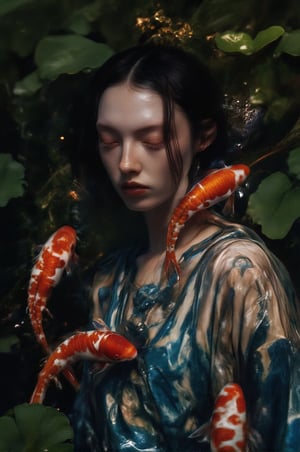 A young man with alabaster skin and raven hair, adorned in an ornate aquamarine kimono, lies serenely amidst a school of vibrantly hued koi, their scales catching the dappled sunlight filtering through the water's surface. The scene, captured in meticulous hyperrealism, employs a rich, jewel-toned palette, evoking the tranquility of a hidden oasis. The composition, a medium shot from a slightly lowered angle, emphasizes the symbiotic harmony between man and nature, the man's languid pose mirroring the koi's graceful movements. His delicate features, framed by damp locks, convey an ethereal peace, his eyes closed as if in a blissful reverie. The water, rendered with photorealistic clarity, reflects the verdant foliage that frames the scene, creating a sense of depth and immersion. Scattered water lilies, their petals unfurling in delicate splendor, add a touch of ephemeral beauty. To further enhance the composition, introduce subtle ripples radiating from the man's form, hinting at a gentle current and emphasizing the living, breathing quality of this aquatic tableau.,Weird_Aquatic_Style