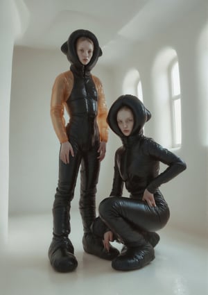 Scene: Two striking models pose in a minimalist, surreal setting where everything around them is inflatable. They wear sexy, fashion-forward straitjackets that cling to their forms, emphasizing their silhouettes while exuding a provocative, edgy vibe. Each model also wears oversized, inflatable shoes that are comically large, adding a whimsical yet surreal twist to their powerful look. The setting is a deflated, crumbling inflatable urban scene, with soft, glossy walls, windows, and even the ground beneath them made entirely of inflatable materials. The textures and shapes mimic a gritty, urban environment but with a surreal, bouncy quality.
Models: The models strike dynamic, confident poses—one standing tall, her inflated shoes grounding her stance, and the other crouching low, balancing the surreal proportions of her footwear. Their straitjackets, designed with high-fashion precision, contrast sharply with the playful, exaggerated inflatable shoes and the soft, pliable world around them.
Mood: Surreal, edgy, and slightly dystopian—a fusion of high fashion with a kinky, inflatable twist, creating a world that feels both strange and compelling.
Background: The inflatable setting is minimalist but textured, with inflatable walls that appear worn and cracked, inflatable windows with soft, sagging frames, and an inflatable ground that ripples underfoot. The entire scene is bathed in a muted, monochrome light, enhancing the surreal atmosphere.,Weird_Alien_Fashion,Weird_Aquatic_Style