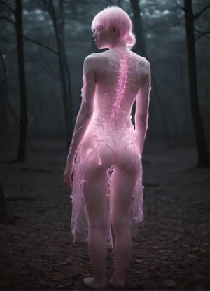 (style of James Jean and Hajime Sorayama),from behind,full body shot of an albino woman with transparent skin,glowing pink neon skeleton visible through the translucent dress in dark woods at night,soft misty light,Infrared Photos,film grain,
Cel Shading,Super-Resolution,Intricate Details,Insane Details,Hyper-detailed,
,
,zavy-rmlght