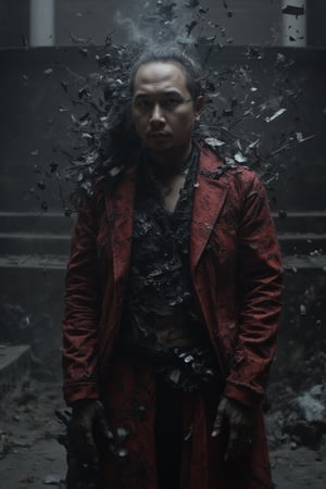 A haunting portrait of a male necromancer, shrouded in an aura of mystery and death. Made from intricately woven red Gucci fabric, the subject's presence exudes an air of opulence and darkness. Dust particles dance around their form, as if carried by an unseen wind, while broken metal fragments and wisps of black smoke swirl about, hinting at the necromancer's mastery over the forces of decay. The Canon EOS camera's precision has captured every detail of this haunting scene, from the necromancer's calculating gaze to the ZBrush-sculpted textures of their dark attire. In the dimly lit atmosphere, Greg Rutkowski's signature style shines through, as the black smoke and dust particles seem to take on a life of their own, swirling around the subject in an otherworldly ballet. This digital art masterpiece is a testament to the artist's skill in blending the realms of the living and the dead, inviting the viewer to step into the shadowy world of the necromancer. The level of detail is mesmerizing, as if one could reach out and touch the red fabric or the dusty fragments suspended in mid-air. Note: the level of detail is such that one can almost smell the scent of decay and smoke emanating from the scene, further immersing the viewer in the world of the necromancer. 
,cip4rf,Rembrandt Lighting style,partially covered in shadows,disintegration,burning