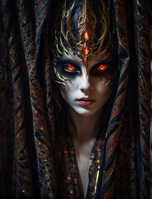 RAW photo, demon girl, beautiful glowing eyes, macro shot, masterpiece, peeking from behind curtains, colorful details, award winning, high detailed, 8k, natural lighting, analog film, detailed skin, amazing composition, intricate details, subsurface scattering, velus hairs, amazing textures, filmic, chiaroscuro, soft light
,monster,futuristic alien